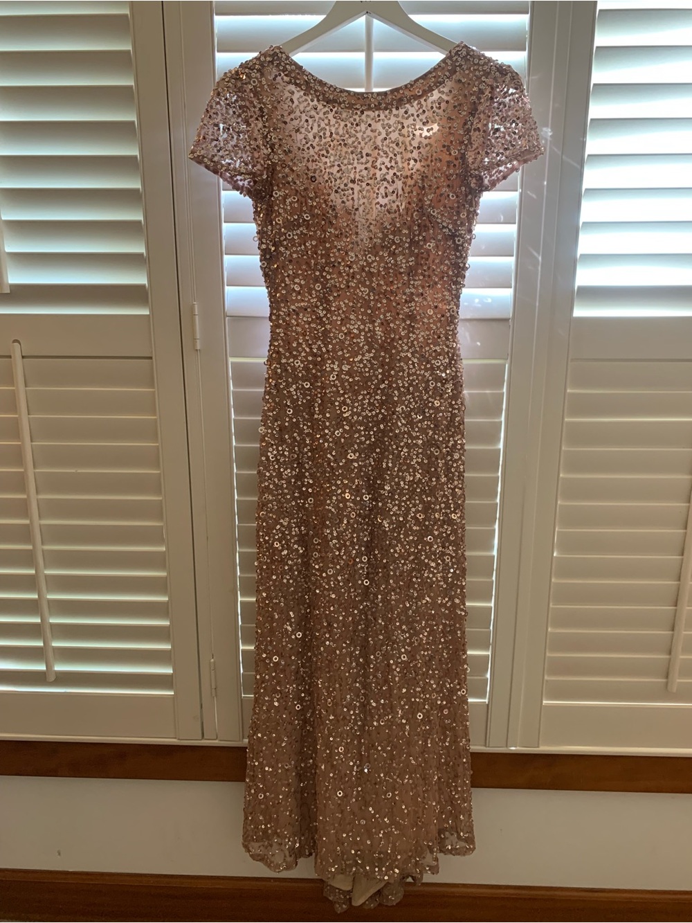 Sequin Cap-Sleeve Evening Gown in Rose Gold